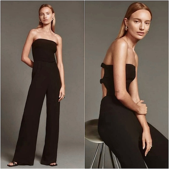 NWT REFORMATION 70s Strapless Crepe Open Back Ruched Straps Wide Leg Jumpsuit 0 - Picture 1 of 8